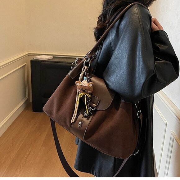 Chocolate Brown & Mocha PU Leather Trim Shoulder Bag! - Picture 4 of 6